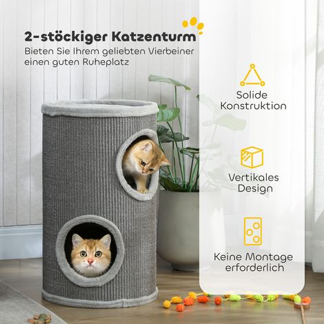 Kratzbaum, Höhe 60 cm, Durchmesser 35 cm, zweistöckig, mit zwei Fächern, Plüschrand, für 1-2 Katzen mit einem Gewicht von bis zu 5 kg, hellgrau. (1/5)
