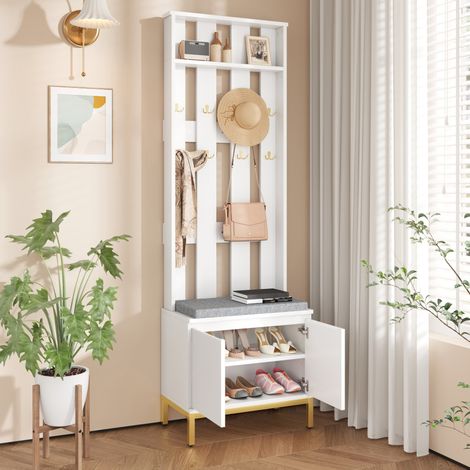 Mueble de entrada 60x35,5x191,5 cm, perchero con banco acolchado y zapatero con LED, blanco mate (1/5)