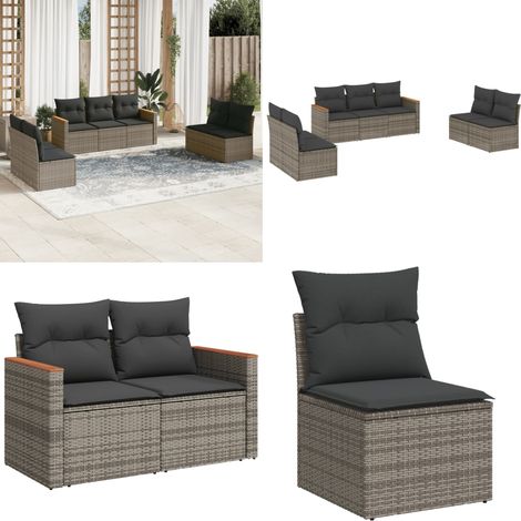 7-tlg. Garten-Sofagarnitur mit Kissen Grau Poly Rattan - Gartensortiment - Gartengeräte - Lounge Set - Outdoor Möblierung - Gartenmöbelset - Home & Living (1/5)