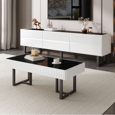Conjunto mueble TV y mesa de centro negro y blanco, MDF y PB, alto brillo (1/5)
