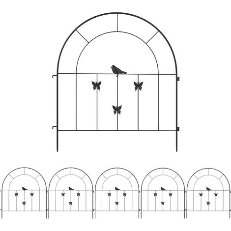 Clôture de jardin en acier noir 300 x 70 cm avec 5 panneaux décoratifs à motifs papillons et oiseaux (1/5)