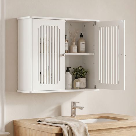 Armario de baño de pared 60x20x52 cm MDF blanco, 2 puertas de lamas ahorro de espacio – MEUBLIV (1/5)