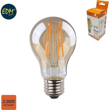 EDM LED-Glühbirne, Standard-Filament, Vintage-Glas, E27, 6 W, 560 lm, 2000 K, warmes Licht, Ø6 x 10,6 cm