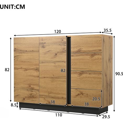Kommode à 4 tiroirs et 2 portes, armoire basse pour salon et cuisine, tons noir et naturel, dimensions L120 x P35.5 x H90.5 cm (1/5)
