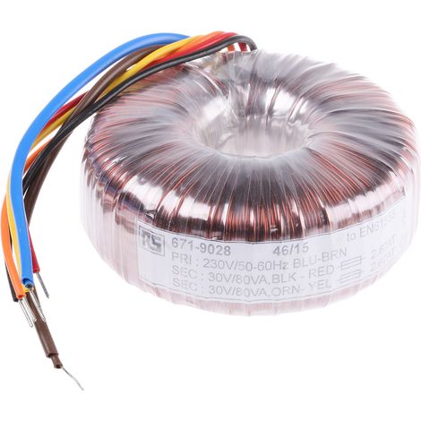 Transformateur torique RS PRO 2 sorties, 230V c.a. 2 x 30V c.a., 160VA ( Prix pour 1 ) (1/2)