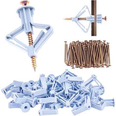120 Pcs (60 Cheville, 60 Vis)Cheville Charge Lourde avec Vis Autoforeuse, Chevilles Fixations pour Plaques de Plâtre, Chevilles Papillon pour Plaque de Plâtre, Fixations pour Cloisons Creuses Murales (1/5)