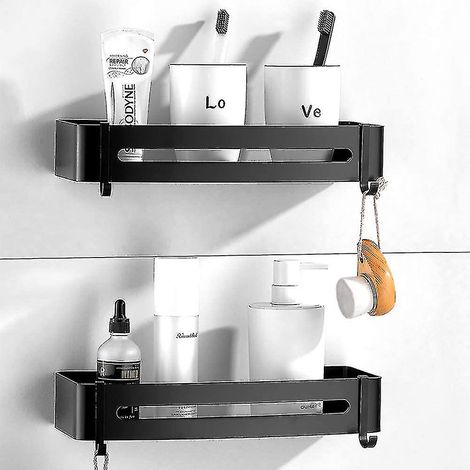 Étagère de salle de bain à coller sans perçage, noire, panier de rangement pour douche (1/5)