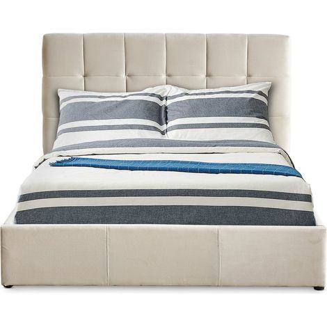 Cotecosy – Lit double relevable 140x190cm – Velours beige – Tiroirs de rangement – Tête de lit capitonnée – Dimensions L148 x P207 x H103 cm (1/5)