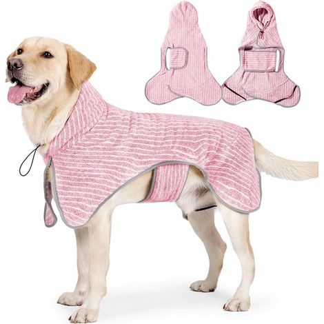 Schnelltrocknender Haustierbademantel – ultra-saugfähiges Badetuch – gestreiftes Kapuzendesign – weiches und verstellbares Haustierbadetuch – ideal für Welpenbäder, Strandbesuche und Reisen – rosa, Gr
