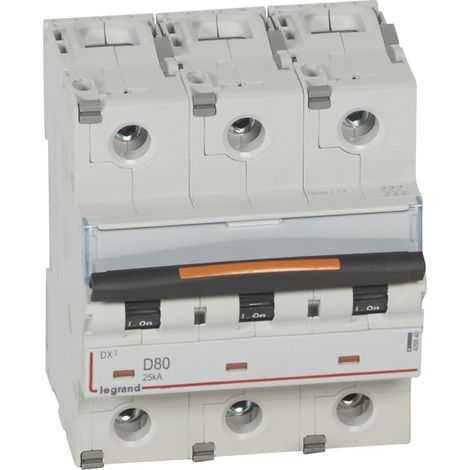 Disjoncteur DX³ 25kA arrivée haute et départ bas à vis 3 Pôles 400V 80A courbe D 4,5 modules LEGRAND 409840
