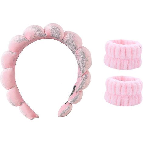 Ensemble de 3 bandeaux de spa, serviettes pour les poignets, chouchous/bandeaux pour se laver le visage, bandeaux de soin pour la peau W-Rose- (1/3)