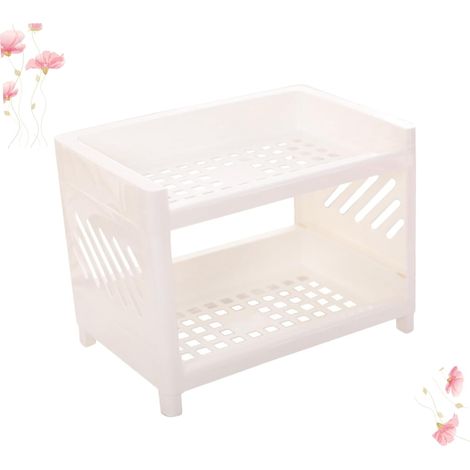 White Plastic Double Tier Storage Rack, Compact Spice Rack Kitchen Utensils Rack Counter Top Organizer Under Sink Storage 2 Tier Mini