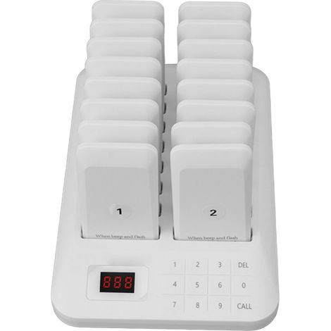 Système de gestion des files d'attente sans fil pour restaurants : 16 bipeurs, 1 clavier, numéro de file d'attente, 100-240 V, blanc, prise britannique. (1/5)