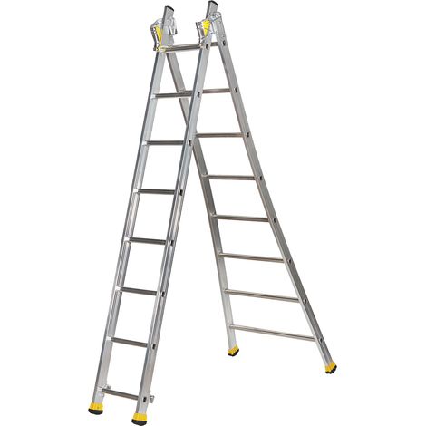 Centaure – Échelle double transformable 2x8 barreaux – Longueur max. 4.15m – Base évasée pour stabilité – Patins antidérapants pour sécurité