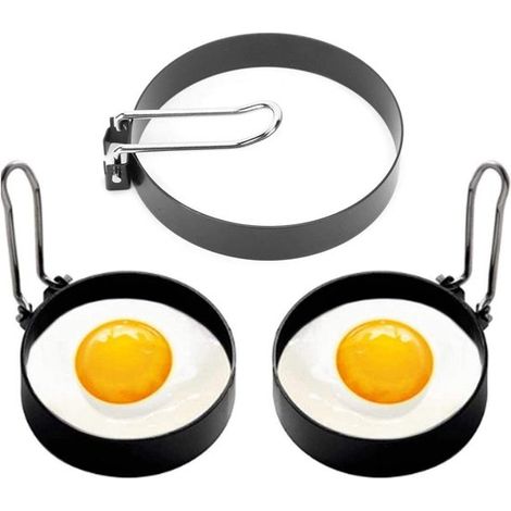 Cercles à œufs - 2 pièces - Cercles de cuisson antiadhésifs - Cercles de cuisson ronds - Acier inoxydable - Poignée pliable - Cercles à crêpes - Cercles à pâtisserie - Ø 7,5 cm - Pour poêles et cuisin (1/5)