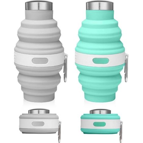 Borraccia pieghevole con moschettone, 475 ml, borraccia portatile in silicone, senza BPA, borraccia pieghevole con (1/4)