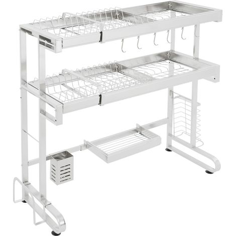 Égouttoir à vaisselle générique à deux niveaux pour évier, grand égouttoir en acier inoxydable 304 renforcé, longueur réglable (64-103 cm), organiseur extensible pour évier de cuisine (1/5)