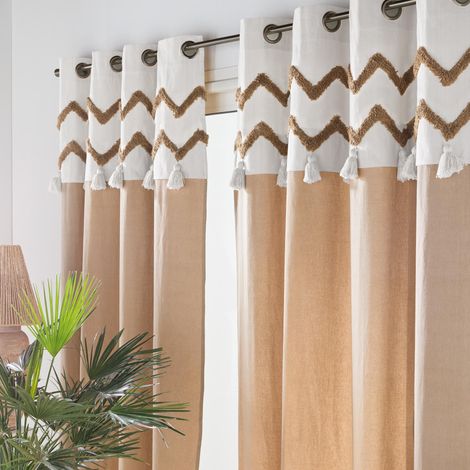 Lot de 2 Rideaux à œillets 140 x 240 cm – Coton avec bandeau tufté et pompons Azari (1/4)
