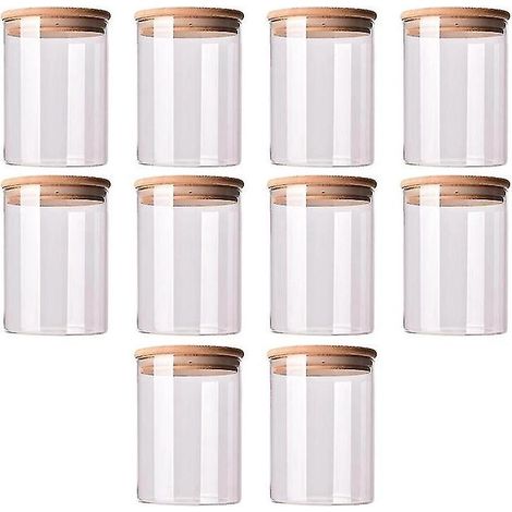 Lot de 10 bocaux en verre avec couvercle en bois de bambou, boîtes hermétiques pour le rangement de la cuisine, bocaux, récipients alimentaires, théières, etc. (1/5)