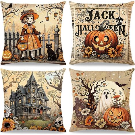 (Set mit 4) 45x45 cm große Sofakissenbezüge mit Kürbis-, Geister-, Fledermaus- und Burgmotiven, perfekt für Halloween-Partys. (1/5)