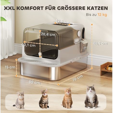Bac à litière XXL pour chat en acier inoxydable, fermé avec double porte et pelle, gris, HAVRYA (1/4)