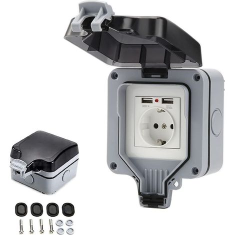 Prise électrique étanche IP66 pour extérieur avec 2 ports USB, boîtier mural avec couvercle hermétique – idéale jardin, garage, piscine