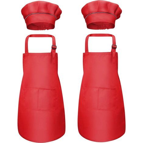Pieces Red Kids Apron and Chef Hat, Adjustable Chef Apron with 2 Pockets for Girls Boys, Toddler Kitchen Garden Aprons for Cooking Painting Crafting (7-13 Years) (1/5)