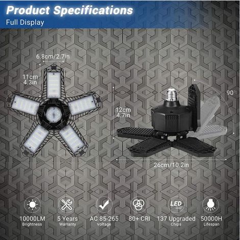 Plafonnier LED Garage 80W 8000LM Lampe Garage E26/E27 Plafonnier LED Garage 5+1 Panneaux Déformables Garage Lumière pour Garage Atelier Entrepôt Cave [Classe énergétique A++] (1/4)