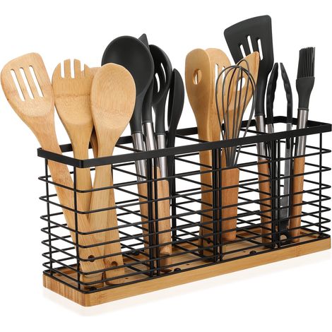 Extra großes, mattschwarzes Küchenutensilienregal aus Metall mit Holzsockel (1/3)