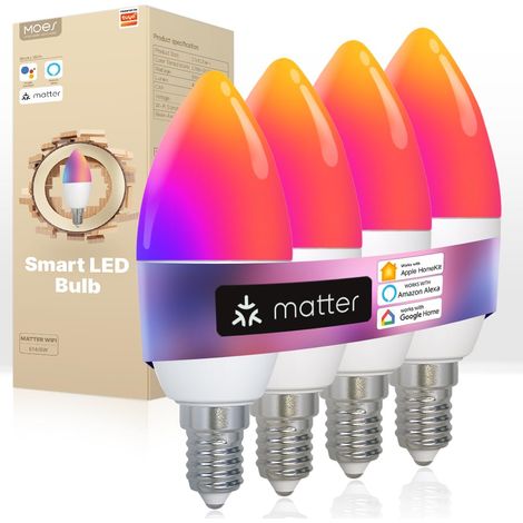Applicable Ampoule Intelligente RGB E14, Compatible avec Matter, Alexa, Google home, Apple home, 6W 470LM 2700k - 6500k RGB Dimmable 16 Millions de Couleurs, 2,4 GHz WiFi 4PCS [Classe énergétique F]