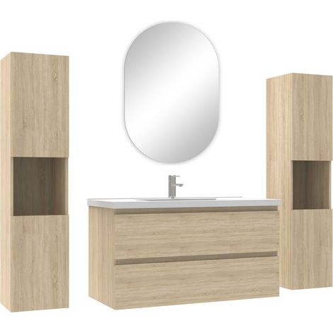 Ocean ensemble meubles Salle de Bain avec colonne et miroir ovale mural 100cm meuble Chêne Wotan