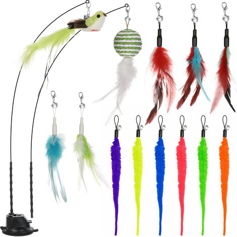 Jouet Chat, Vert 16 Pièces Jouets pour Chats Interactif, Interieur Jeu à Plumes avec Ventouse, Canne à Pêche avec Oiseau Volant, Plumeau Chaton, Accessoire Intelligence Chat Baguette (1/5)