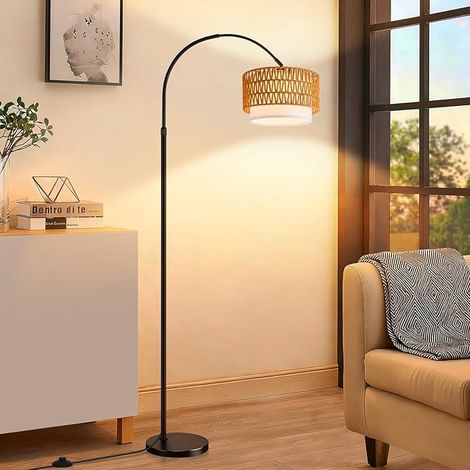 GBLY Bogenlampe Rattan Stehlampe Wohnzimmer Boho Vintage Dimmbar Fernbedienung E27 LED 9W 165-180cm Höhenverstellbar Schwarz Schwenkbar Leselampe Schlafzimmer