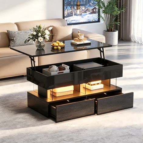 Table basse relevable 100x50x46 cm en MDF et acrylique noir, avec rangement pour salon FloraGrace (1/5)