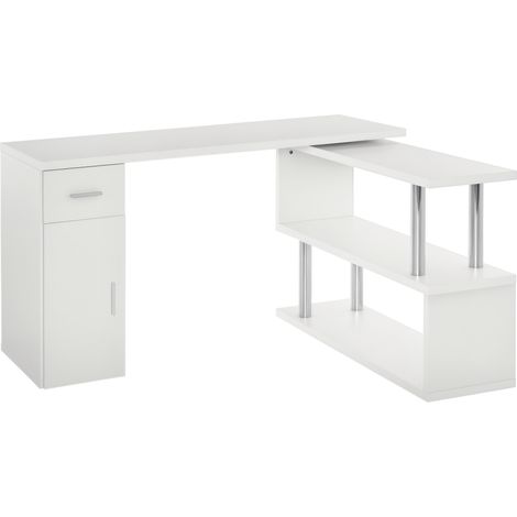 Bureau d'angle moderne en bois avec tiroir, armoire et étagères, mobilier de bureau et de maison, blanc (1/5)