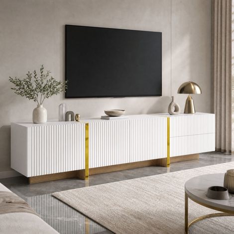 Mobile TV 190 cm con 3 ante e 2 cassetti, bianco, dorato ed effetto legno DESVIAE (1/5)