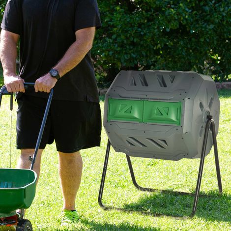 Outsunny Kompostbehälter mit 2 Behältern, 160 L Fassungsvermögen, drehbar, 71 cm x 65 cm x 96 cm, Grau + Grün + Schwarz