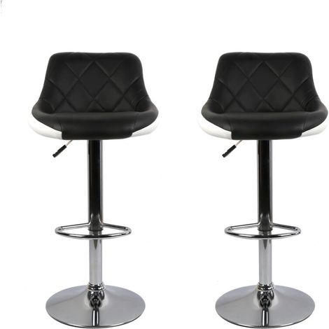 Tabouret de bar 2, chaise de cuisine moderne, avec dossier repose-pieds sans accoudoir en similicuir chromé design pivotant réglable en hauteur, noir-blanc (1/5)