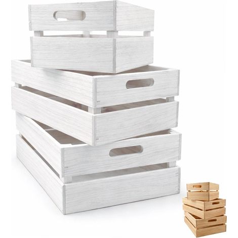 3 Cassette in Legno Impilabili con misure 32x18x12,5cm, 37x23x15cm, 42x28x17cm - Cestini Portaoggetti Decorativi con Maniglie, Scatola organizer per c (1/5)