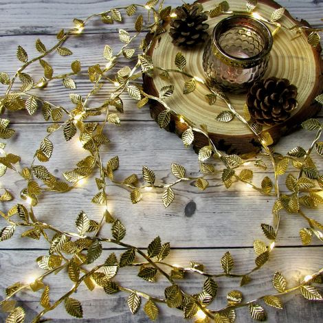 Leichte Girlande mit goldenen Blättern. LED-Lichterkette mit Mini-Weinblättern. Handgefertigte Weihnachtsdekoration. Herbstdekoration, Hochzeitstischläufergirlande (1/5)