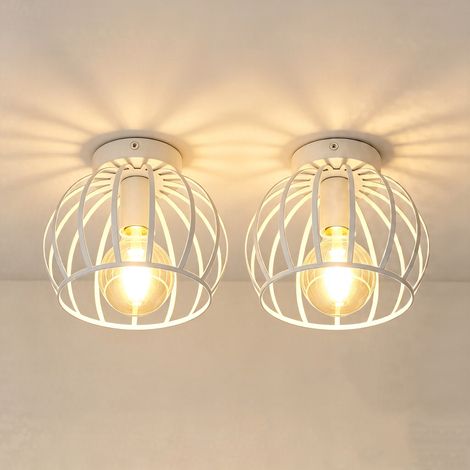 (2X) Lampe De Plafond Rétro Luminaire Plafonnier Cage En Métal Plafonnier Design Rond E27 Pour Chambre Café Restaurant 20CM, Blanc (1/5)