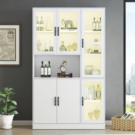 Vitrine avec éclairage LED - étagères avec 6 portes - H 200cm - Blanc (1/6)