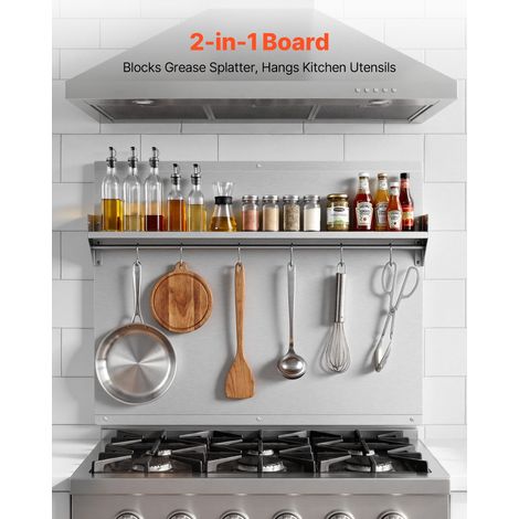 Crédence de Cuisine en Inox, Plaque Anti Projection Murale 76x61 cm avec Étagère et Crochets, pour Cuisinière et Table de Cuisson,… (1/5)