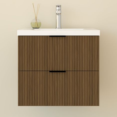 Aica Meuble de Salle de Bain suspendu 60 cm Noyer avec 2 tiroirs + vasque Céramique (1/5)