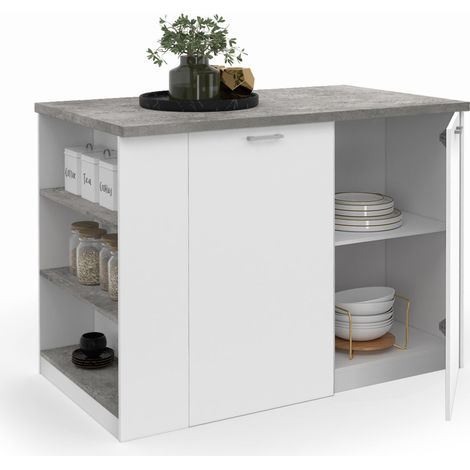 Idmarket – Îlot central TIBO 120 cm – Bois blanc – Plan de travail effet béton – 2 portes avec étagères ajustables – Dimensions 120x70x90 cm