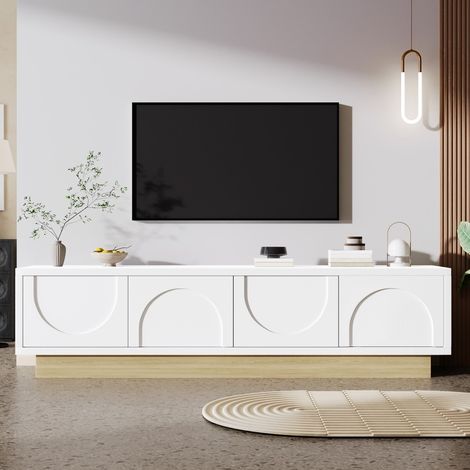 Meuble TV Moderne - 175x40x41,5cm - Design Minimaliste Courbé avec 4 Portes Push-to-Open - Blanc & Chêne (1/5)