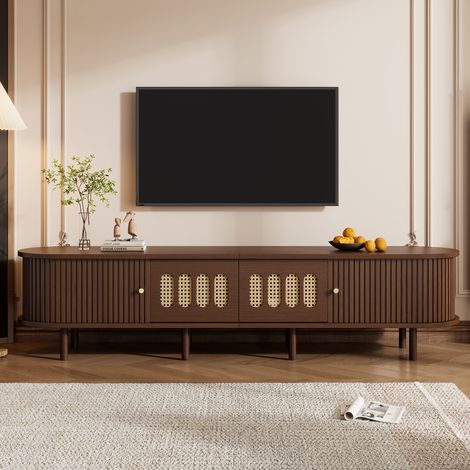 Meuble TV ovale 1804040cm en noyer foncé, design rotin - Design MDF 180 cm, capacité de charge 30 kg, dispose de deux tiroirs et d'une porte à rideau. Meuble TV, consoles, buffet de salon (1/5)