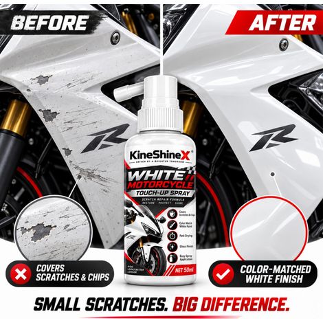 KineShineX Weißes Motorradlack-Reparaturspray - Repariert Kratzer, Lackabplatzer und Abriebstellen - Schnell trocknendes Spray zur Beseitigung von Rauchstellen, Lackschäden und zur Farbauffrischung be (1/5)