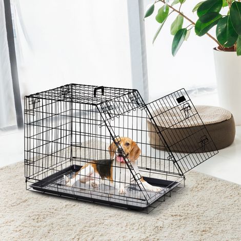 Jaula transportadora grande para perros PawHut, Dimensiones: 77 cm de largo x 47 cm de ancho x 55 cm de alto, Metal negro (1/5)
