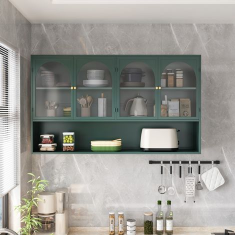Étagère murale armoire vitrée 4 portes 120×23×70 cm verre gris meuble rangement mural vert foncé cuisine salon salle de bain (1/5)